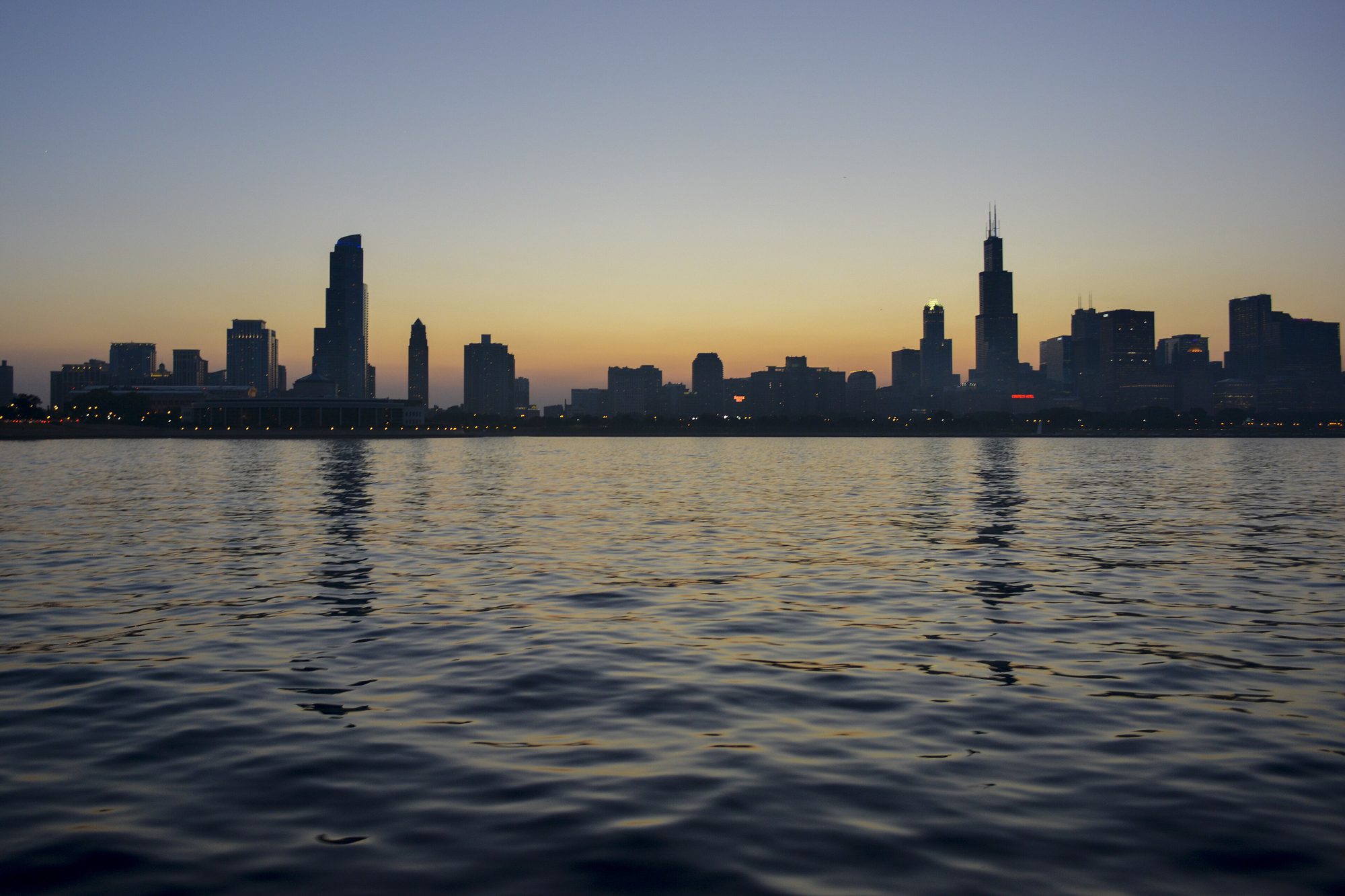 Chicago skyline at dusk, seen from Lake Michigan