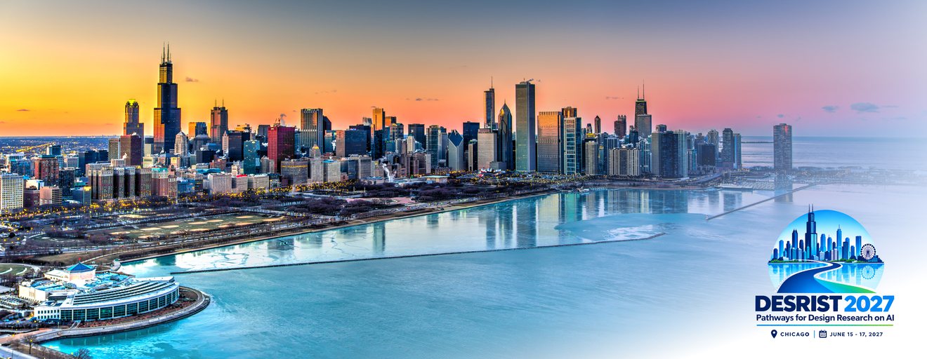 DESRIST 2027 — Pathways for Design Research on AI. Chicago, June 15–17, 2027. The Chicago skyline at sunset over Lake Michigan.